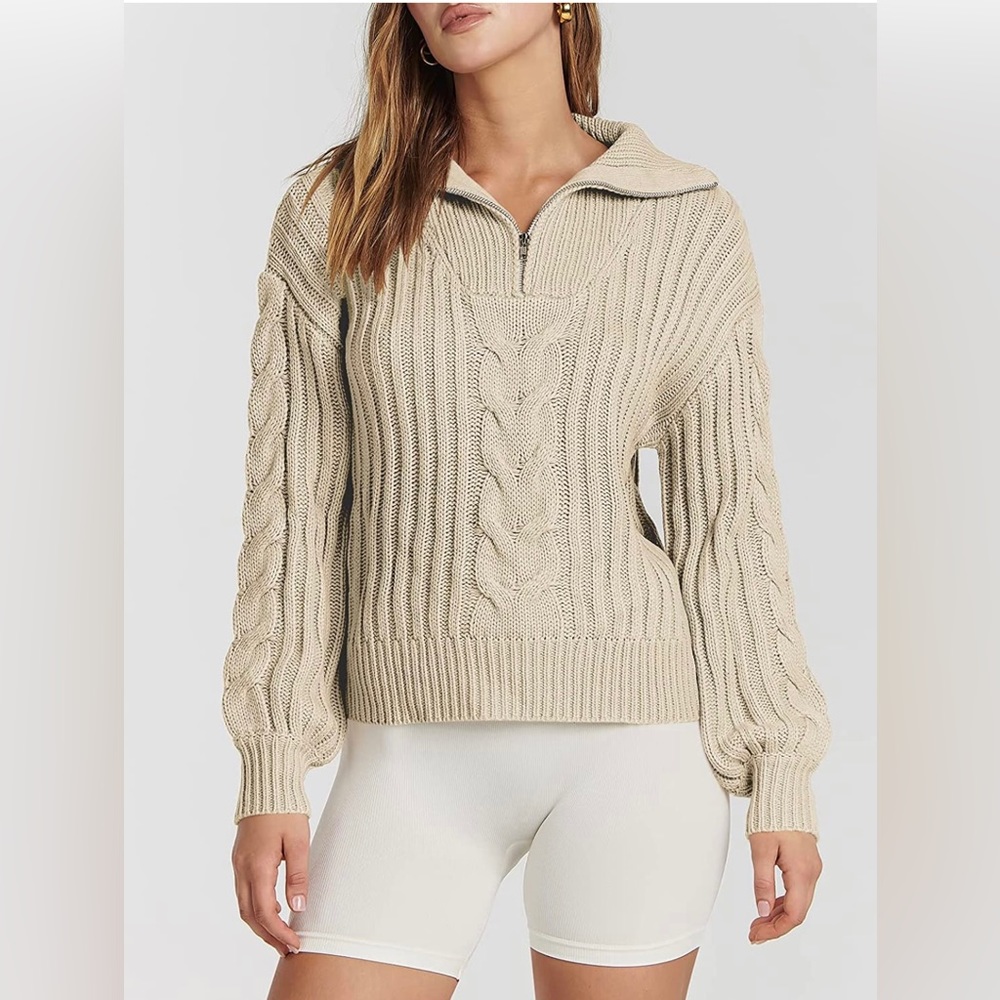 Women's 2022 FallWinter Long Sleeve 1/4 Zipper Collared Casual Chunky Cable Knt - Picture 2 of 4